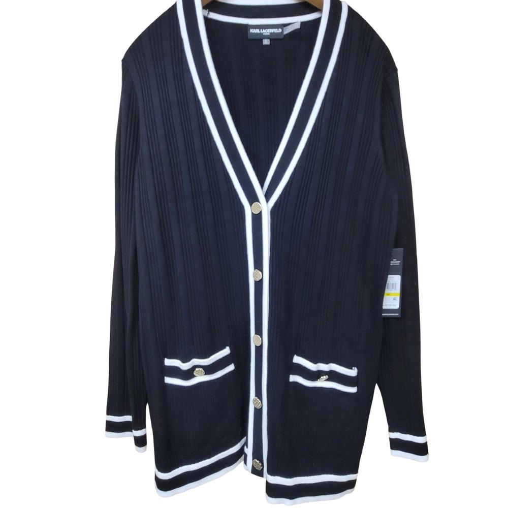 Karl Lagerfeld Paris Quiet Luxury Old Money Ribbed Cardigan Gold Button M